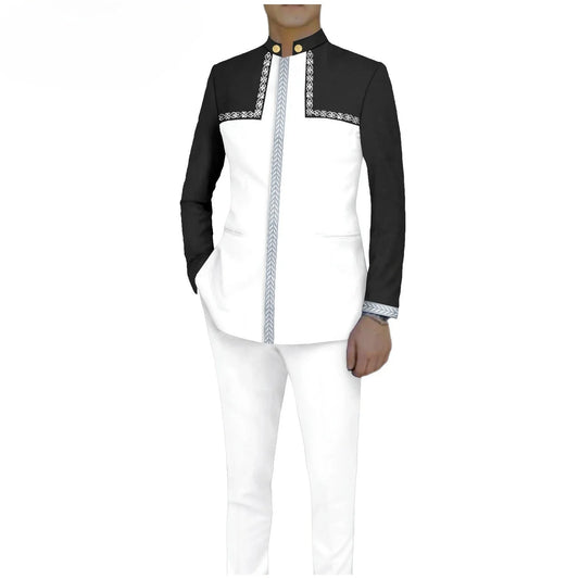 Bazin Riche African Traditional Clothing for Men Embroidery Dashiki Print Zip Blazer Coats with Trousers 2 Piece Suit A2416106