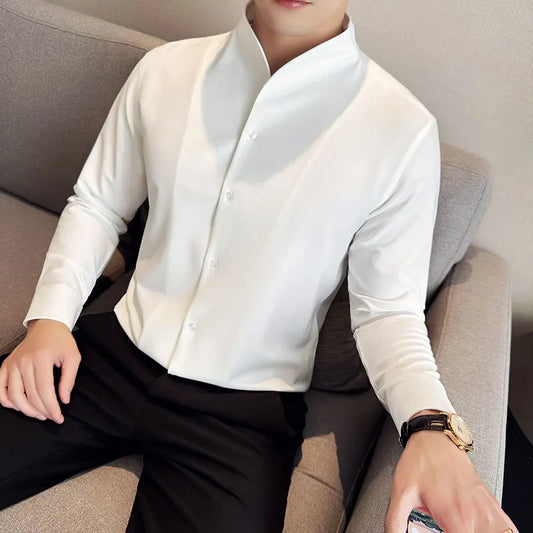 Advanced Sexy V-neck Men's Long Sleeved Shirt Designer Stand Up Collar Shirt Business Social Slim Fit Black and White Top