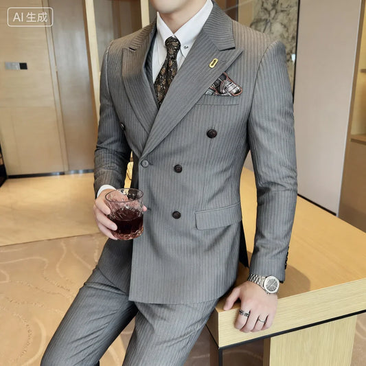 Luxury Striped Men's Suiting Set - Double Breasted Elegant Smoking Formal Wedding Tuxedo Jacket Pants Vest High Quality