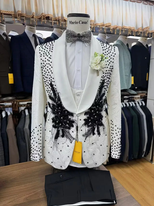 2025 New Men Suit Sets Formal Banquet Luxury Jacquard Blazer Vest Pants Outfits Wedding Grooms Custom Fashion Slim Fit Costumes