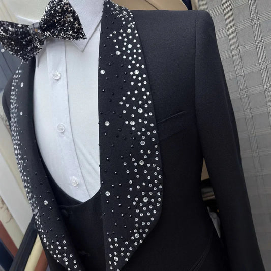 2025 Diamond Luxury Suit Set for Men Handsome Single Breasted Tuxedo Set Classic Blazer Vest Pants Crystals Men's Suits