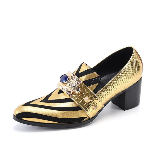 Large men's metal pointed gold rivet printed striped splicing high-heeled leather shoes club party leather formal shoes