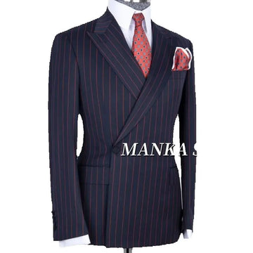 Peak Lapel Navy Blue Red Stripe Smart Casual Suits for Men Double Breasted Jacket Pants Formal Party Business Office  Man Suits