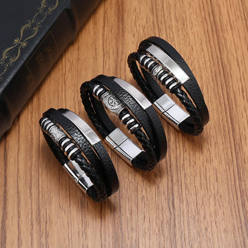 Vintage Totem Men's Leather Bracelet Multi-layer Woven Leather Rope Alloy Magnet Clasp Bracelets Men Party Accessories Jewelry
