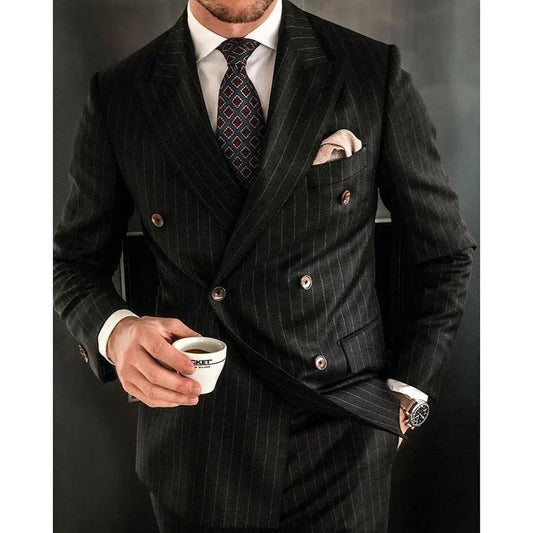 Luxury Black Men Suits Regular Length Double Breasted Peak Lapel Flat Front 2 Piece Jacket Pants Elegant Male Clothing Terno