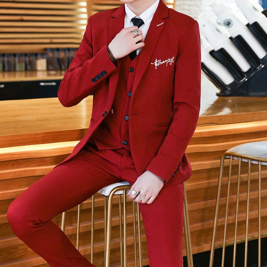 Men's Autumn Winter Three-Piece Suit Set Slim Fit Fashion Trend Vest Trousers Ensemble Handsome Personality Small Suit