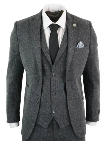 3 Piece Gray Wool Tweed Winter Suit for Men Herringbone Slim Fit Formal Groom Tuxedo Wedding Male Suits (Jacket+Vest+Pants)
