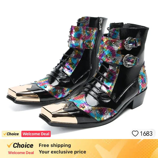 Buckle Vintage Snake PatternAnkle Boots for Men Luxurious Workwear Leather Boots Metal Rivets Square Toe Punk Style Men's Shoes