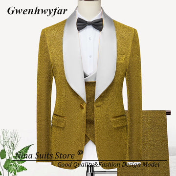 G&N Gold/Royal Blue Glitter Wedding Tuxedo 3 Pieces Slim Fit Grooms Mens Suits White Lapel Jacket Pants Double Breasted Vest