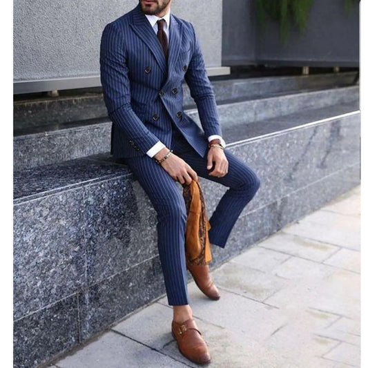 Luxury Men Suits Blue Stripe Double Breasted Peak Lapel Regular Length Formal Office Male Clothing Slim Fit 2 Piece Jacket Pants