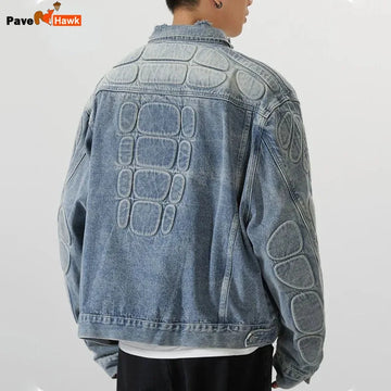 Retro Denim Jacket Men Convex Turtle Shell Pattern Hip Hop Bomber Jackets High Street Loose American Style Ripped Cowboy Coats