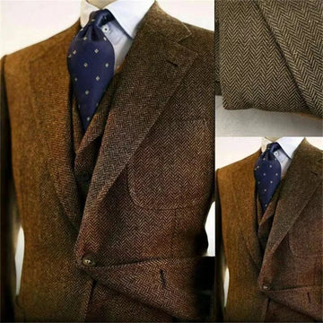 Brown Wool Tweed Men Suits For Wedding Business Formal Groom Tuxedo Herringbone Male Fashion 3 Piece Suits (Jacket+Vest+Pants)