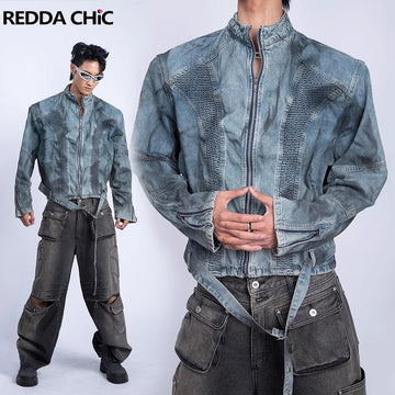 ReddaChic Cowboy Dirty Wash Denim Jacket Men Shirring Belt Shoulder Pads Stand Collar Zip-up Bomber Coat Retro Hiphop Streetwear