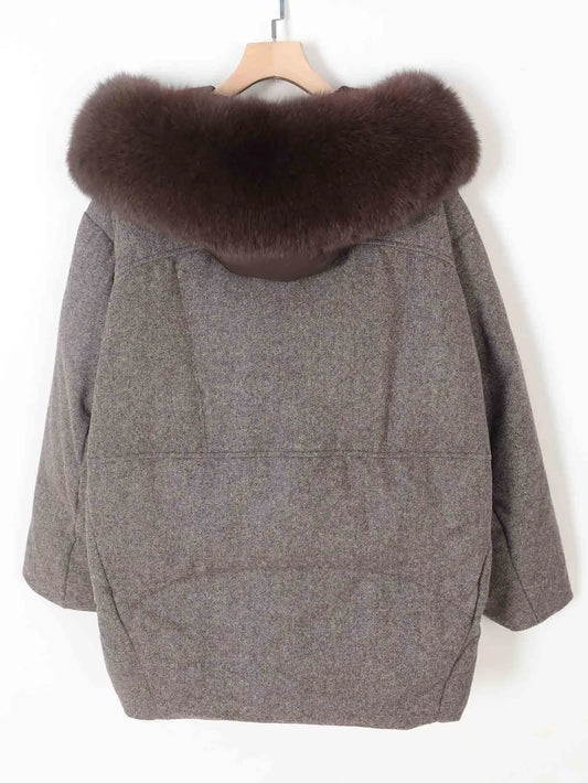 2025 NEW Maomaokong Real Fox Fur Collar Women's Winter Down Jacket Coffee Wool Fabric Patching Cool Oversized Zipper Fashion