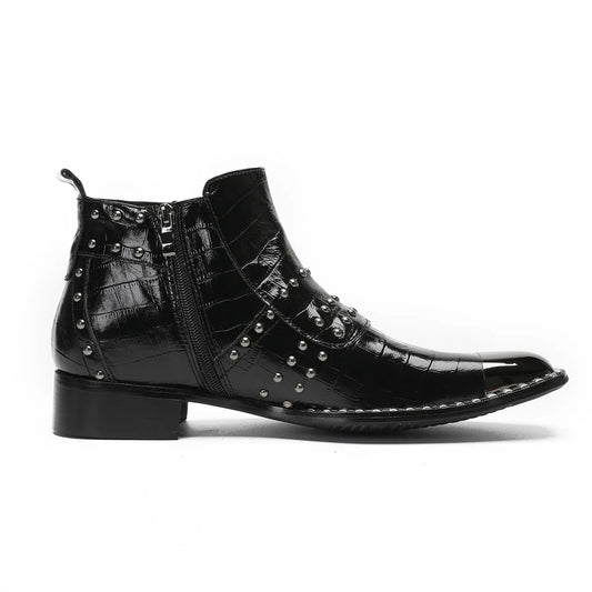 Rock metal square toe boots men's metal decoration high top side zipper boots British luxury handmade party men's shoes
