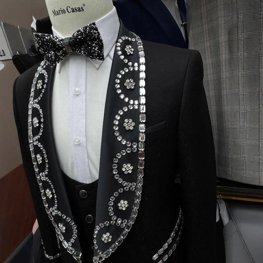 2025 New Men's Black High-end Banquet Dress Men's Suit Set 3-piece Set （Coat + Trousers + Waistcoat） Mens Suit