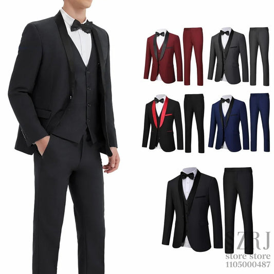 Men'S 4pcs Tuxedo Suit: Jacket, Vest, Dress Pants &Pocket Square