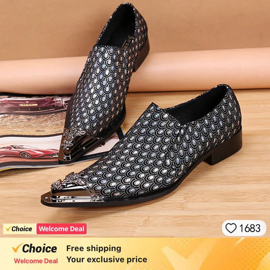 2025 Real Leather  Men party Shoes Gold Metal Pointed Toe Gentleman Business Brogue Glitter