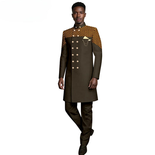 African Clothing for Men Embroidery Print Shirts and Pants 2 Piece Set Long Robes Traditional Outfits Blouse Pockets A2416073