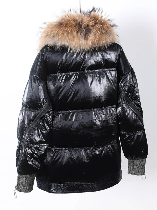 2025 New Maomaokong Women's down Jacket Glossy Black with Fur Collar Quilted Warmth Coat Stylish Outdoor Winter Clothing