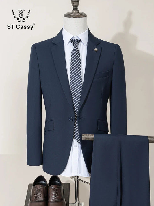 ST Cassy High Quality Men's Suit Slim Fit Solid Color Suit Formal Business Office Single Breasted Coat Pants 2 Pieces Set