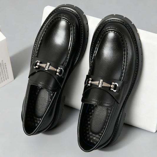 Fashion Classic Thick Sole Men's Penny Loafers Slip-On Business Dress Shoes Gentleman Metal Buckle Formal Black Business Shoes