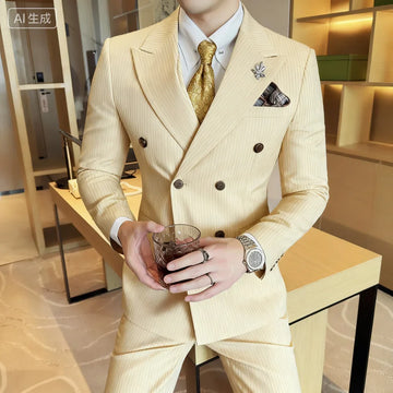 Luxury Striped Men's Suiting Set - Double Breasted Elegant Smoking Formal Wedding Tuxedo Jacket Pants Vest High Quality