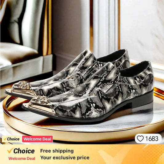 Spring and Autumn Python skin Metal Chain Fashion Shoes Cap Man Commercial affairs Banquet Marry Formal Wear Leather Shoes