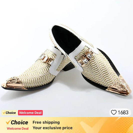 New White Men Leather Shoes Luxury Design Metal Buckle Decor Genuine Leather Pointed Toe Party Business Wedding Shoes