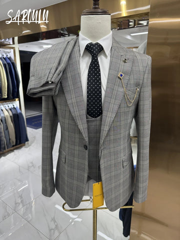 Decent Grid Pattern Groom Wear Hot Sale Elegant Suit Jacket Vest Pants Charming 2025 Handsome Successful Business Man Tuxedo Set