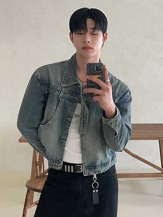 New Fashion Men Wear Denim Jacket Autumn Korean Style Chic Washed Design 2024 Lapel Single Breasted Short Jackets