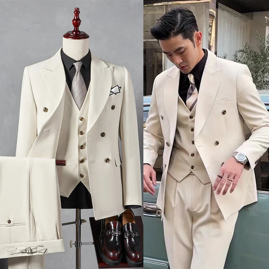 Men's Corduroy Suit Double Breasted Gun Lapel 3 Piece Best Party Casual Men's Wedding Outfit Full Suit (Jacket+Vest+Pants）