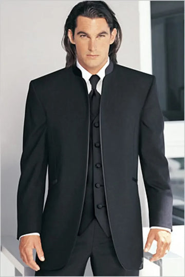Custom Made Groomsmen Black Groom Tuxedos Mandarin Lapel Best Man Groomsmen Men Wedding Suits Bridegroom (Jacket+Pants+Tie+Vest)