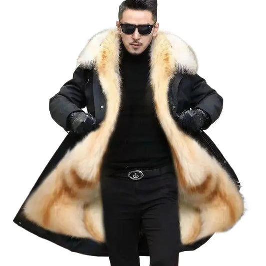 Fur Lined Parkas Men Faux Fur Coat Big Size Hooded Warm Long Fox Fur Coat Snowsuit High Quality Men Clothing Zipper Long Sleeve