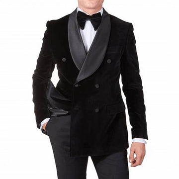 Men's Black Velvet Suit Double Breasted 2-Piece Slim Fit Suit Business Wedding Party Men Tuxedos Shawl Lapel Jacket & Trousers