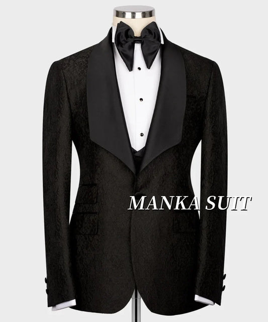 Black Jacquard Wedding Groom Tuxedo 3pcs Blazer Vest Pants Formal Party Special Occasion Men's Suits Tailor-made Suit Male