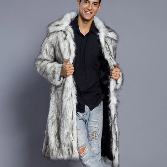Luxury Brand High-Quality Fur Jacket Men Lapel Warm Trench Coat Faux Fur Coat Soft Mid-Length Coat Snow Clothing Cold-Resistant