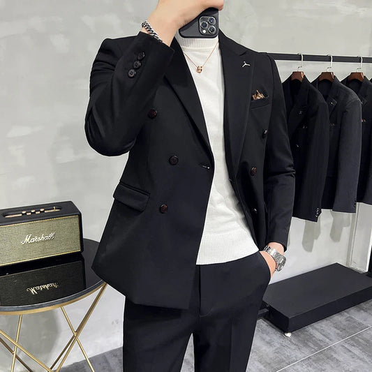 High-End Double-Breasted Slim Fit Business Suit Solid Color Two-Piece Set S-7XL Korean Fashion Handsome Men's Suit + Trousers