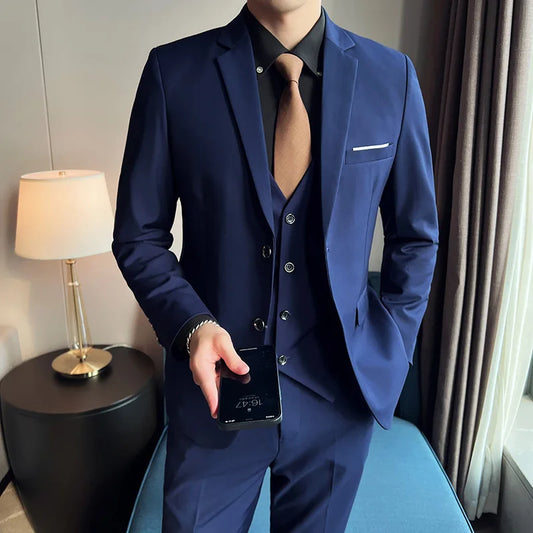 High quality fashion business casual (suit + vest + trousers) British style European and American wedding dress three-piece set