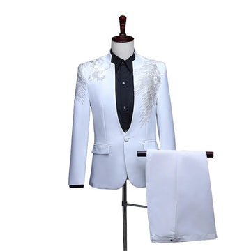 2024 Two-piece Stand Collar Appliqued Men White Suits for Prom Wedding Award Ceremony Blue Red Purple Jacket