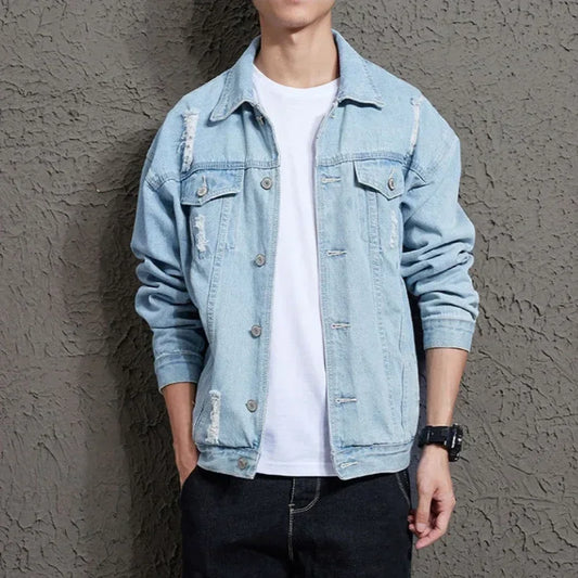 Spring and Autumn New Men's Casual Loose Work Coat Trendy Hole Denim Jacket Mens Casual Light Cargo Coats Smart Couple Jackets