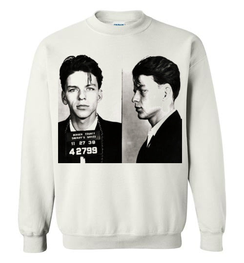 Frank Sinatra Mugshot White , Design Blends with the Shirt ,v1a, Gildan Crewneck Sweatshirt